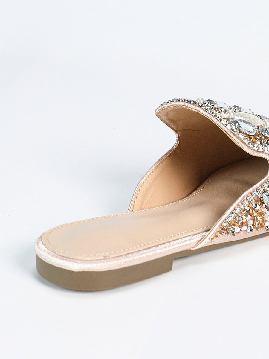 Embellished Pointed Toe Slip On Flat Sandals
