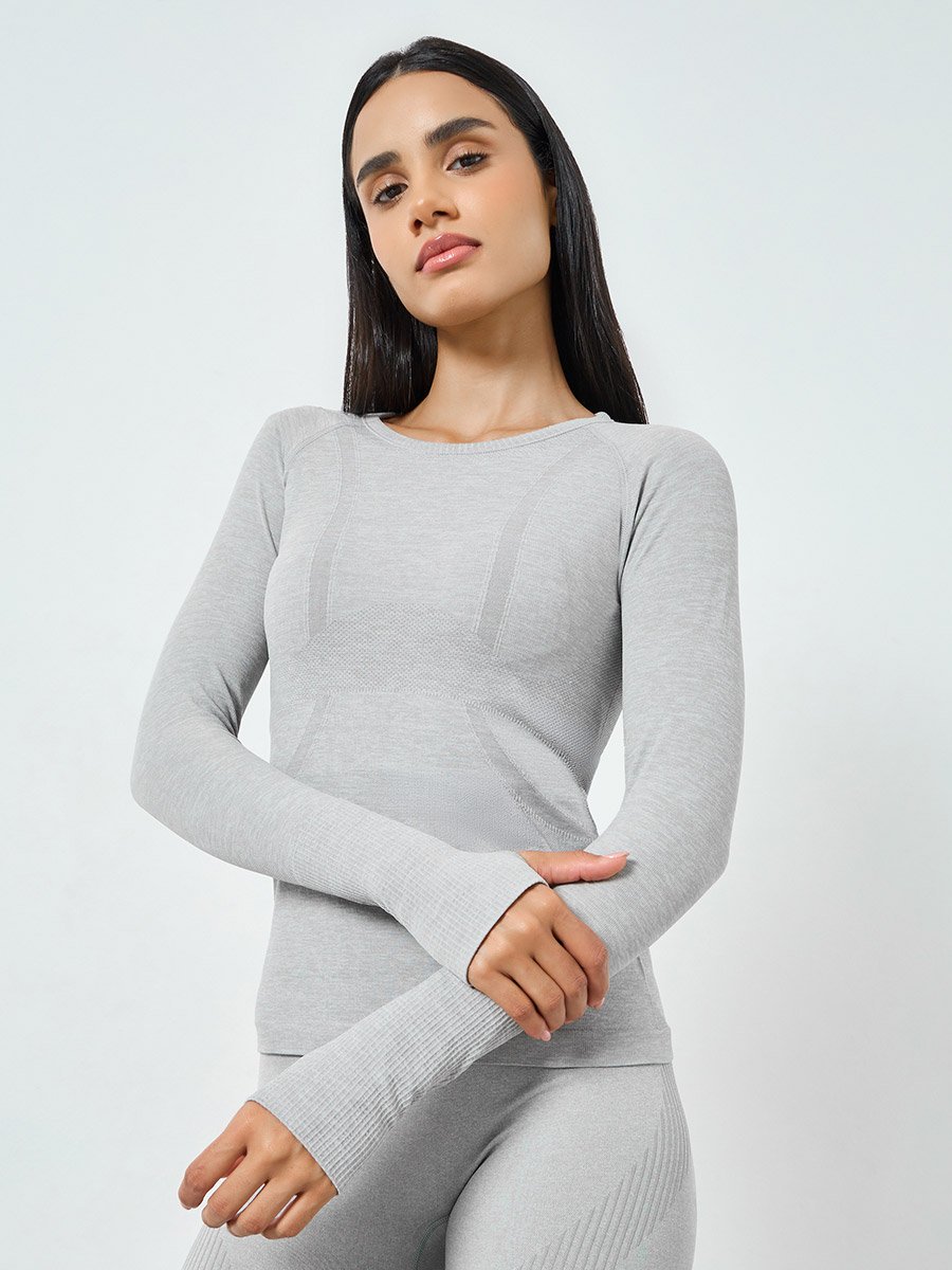 Grey Seamless Contour Detail Short Sleeves Top