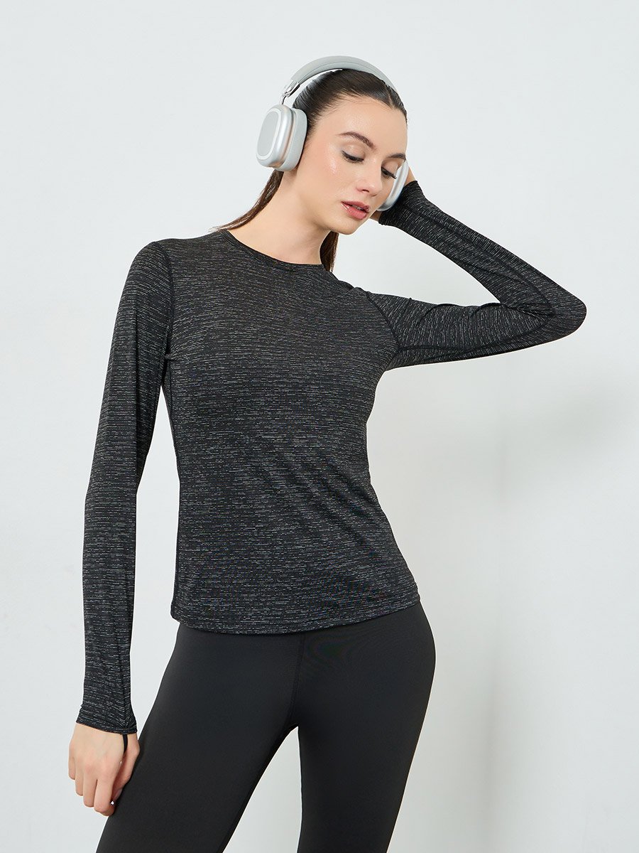 Black Melange Round Neck Top