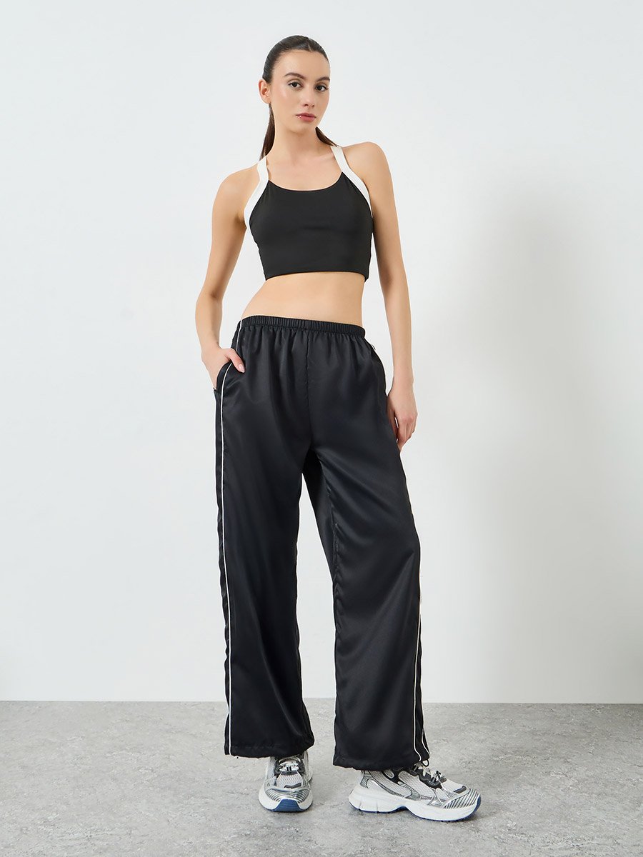 Black Dual Side Stripe Toggle Adjuster Straight Pants
