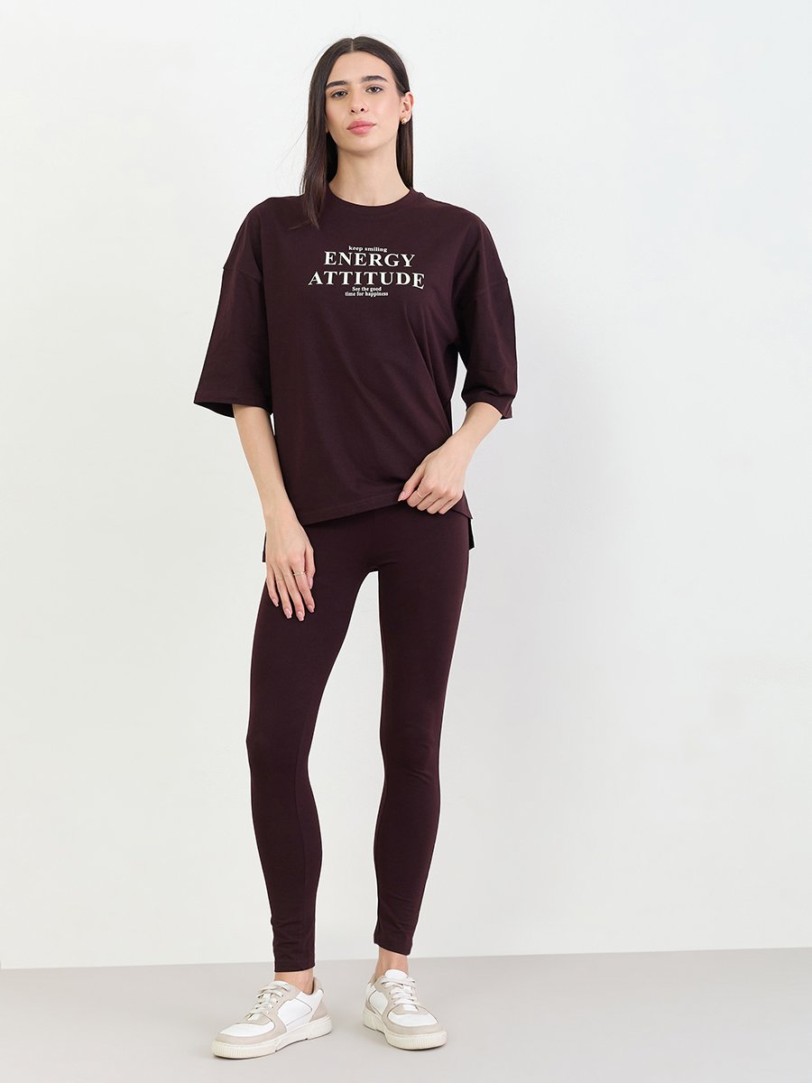 Burgundy Printed Oversized T-Shirt and Leggings Set