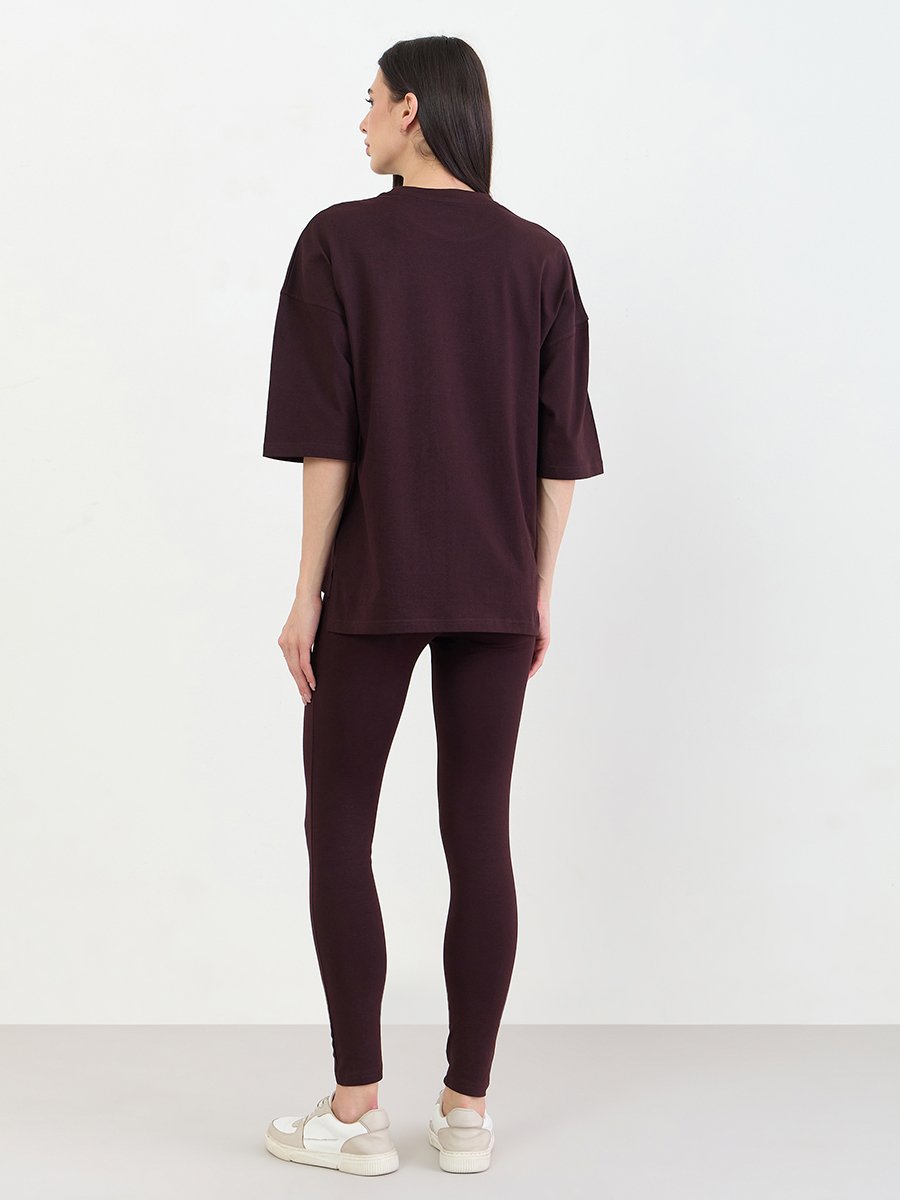 Burgundy Printed Oversized T-Shirt and Leggings Set