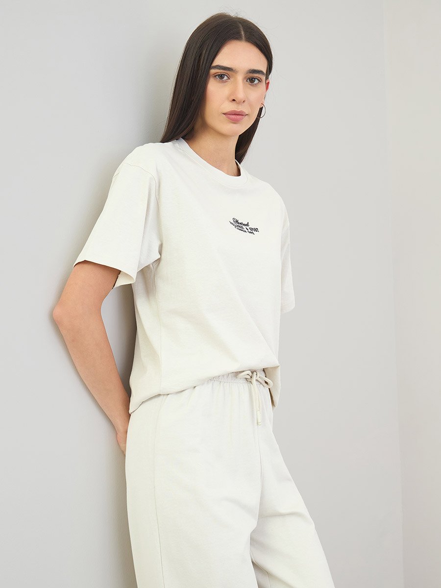 Off White Embroidered Detail T-Shirt and Joggers Co-Ords