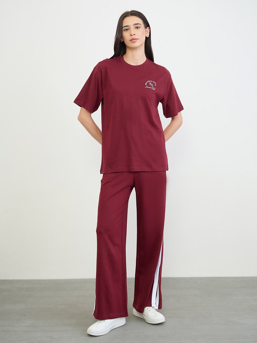 Burgundy Oversized Longline T-Shirt and Joggers Co-Ords