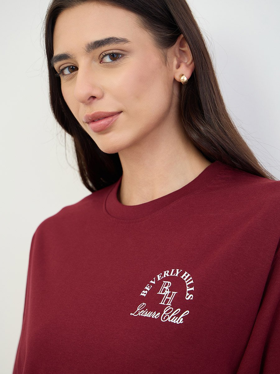 Burgundy Oversized Longline T-Shirt and Joggers Co-Ords