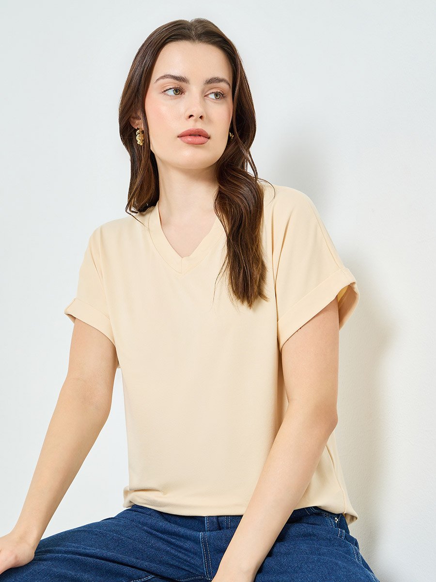Beige V Neck T-Shirt with Turn-Up Sleeves