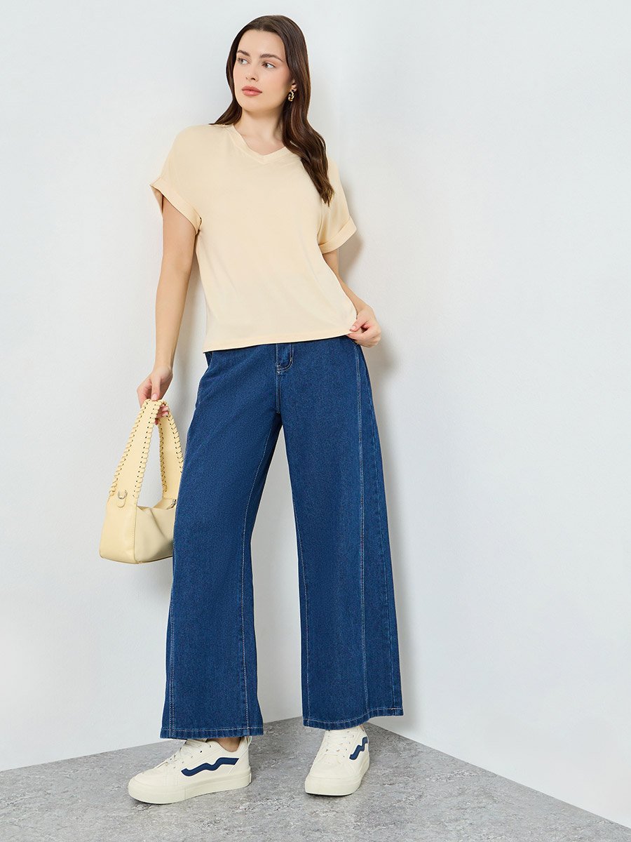 Beige V Neck T-Shirt with Turn-Up Sleeves