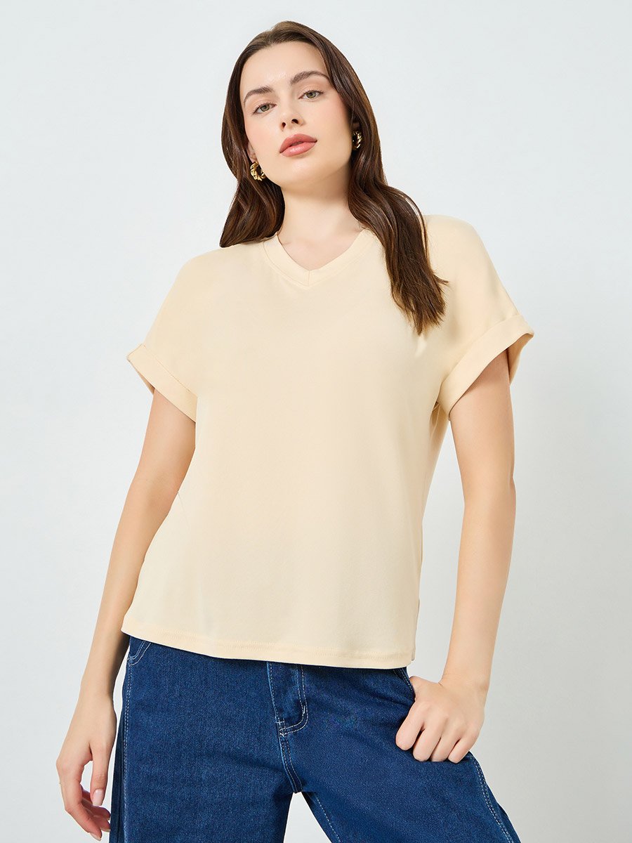 Beige V Neck T-Shirt with Turn-Up Sleeves