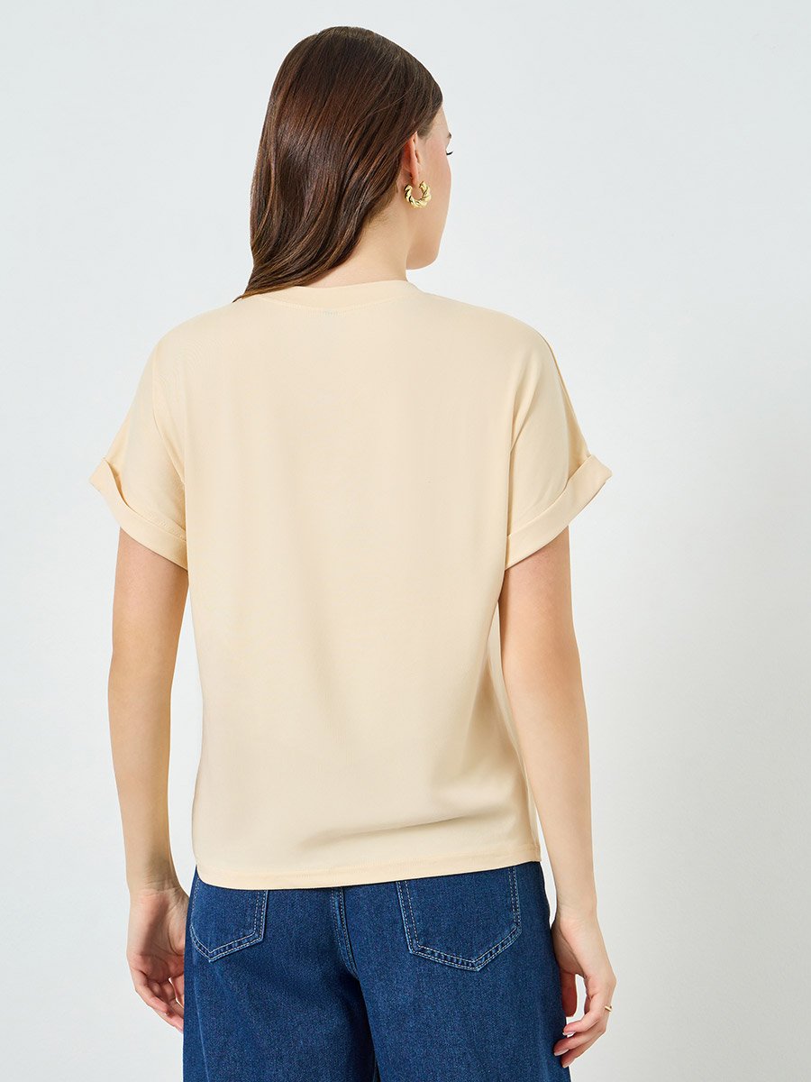 Beige V Neck T-Shirt with Turn-Up Sleeves