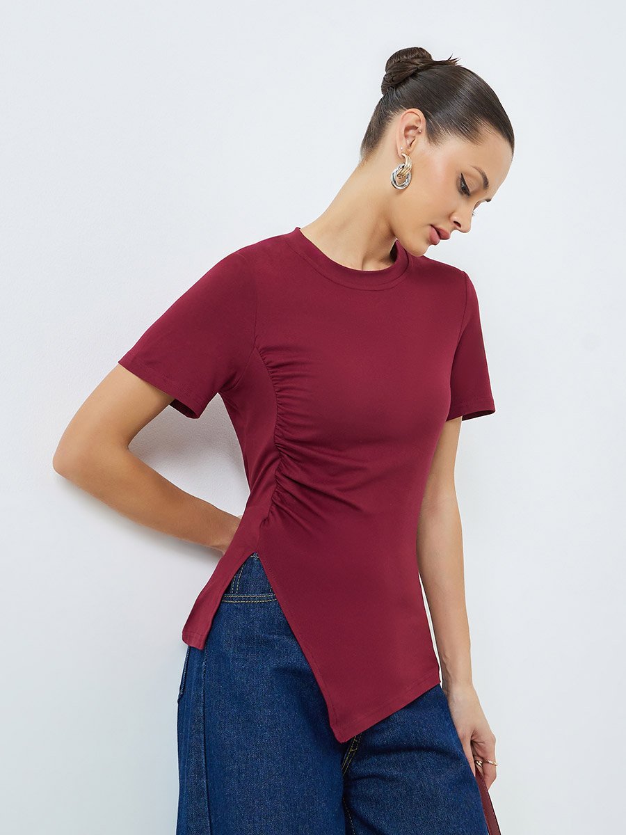 Burgundy Asymmetrical Hem T-Shirt