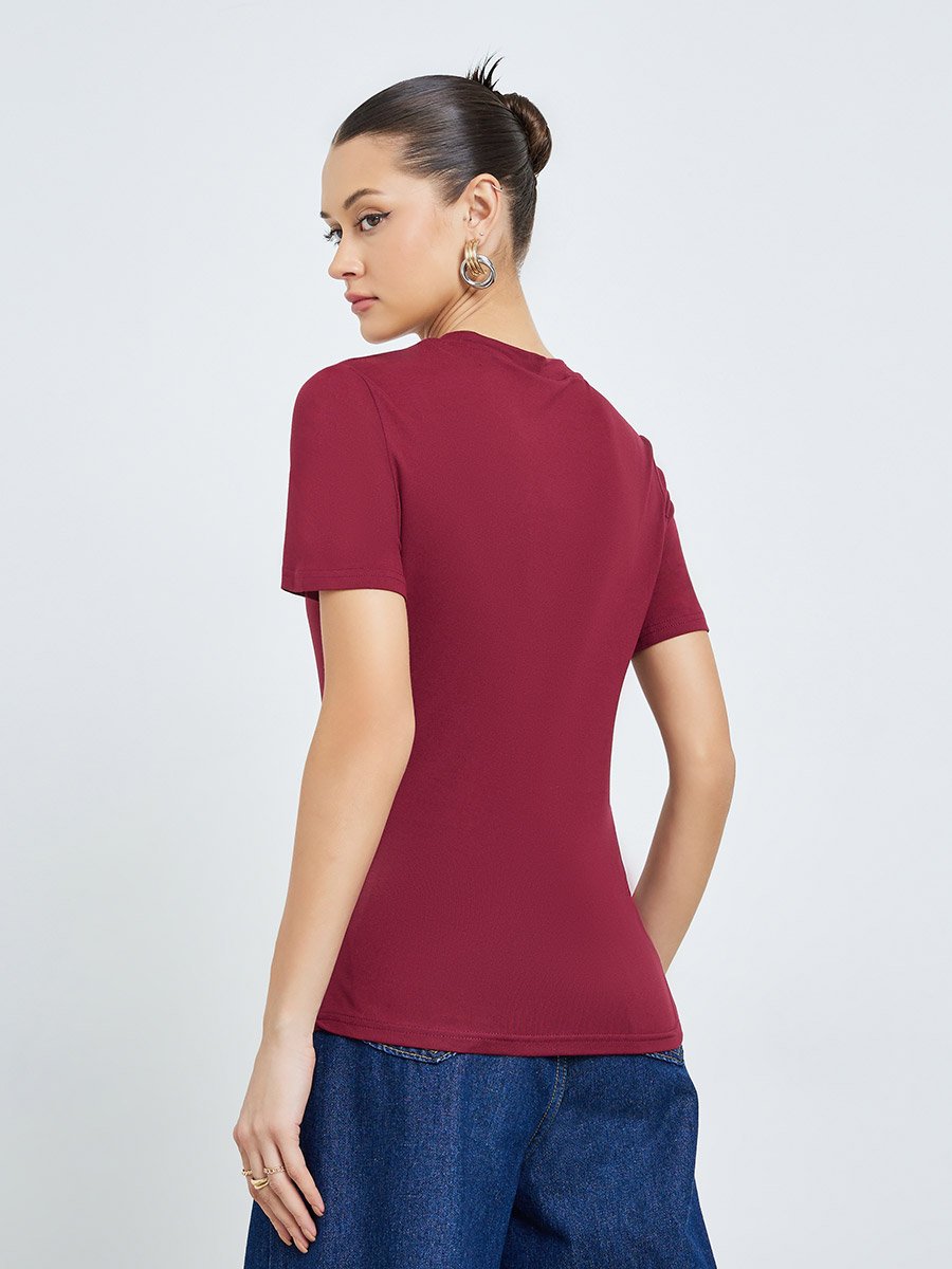 Burgundy Asymmetrical Hem T-Shirt