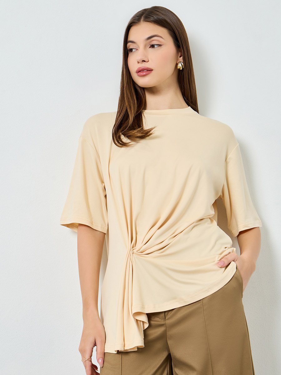 Beige Twisted Front Oversized T-Shirt
