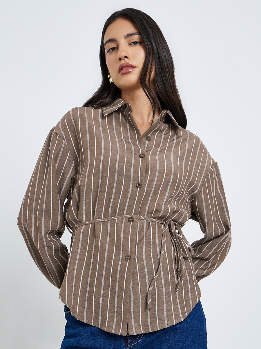Brown Striped Long Sleeve Shirt with Tie Waist