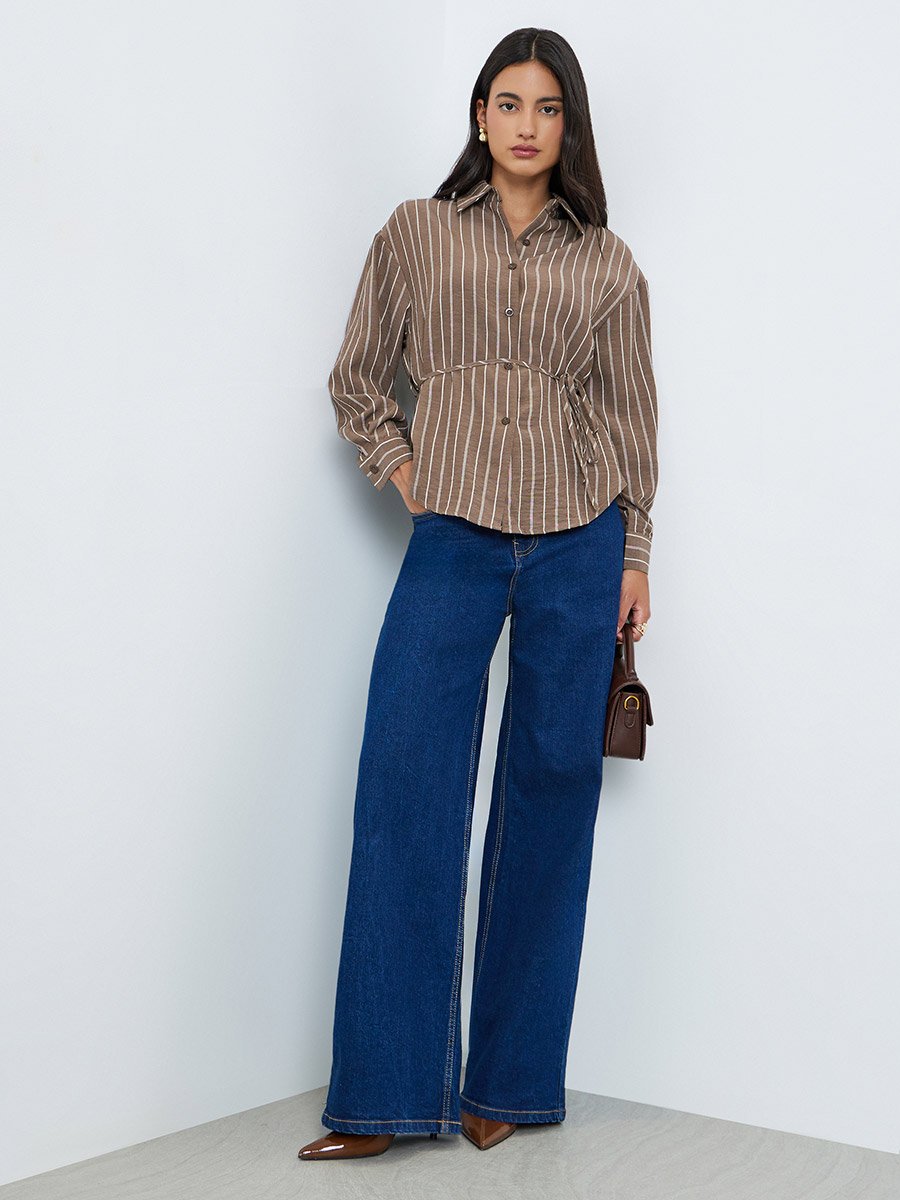 Brown Striped Long Sleeve Shirt with Tie Waist