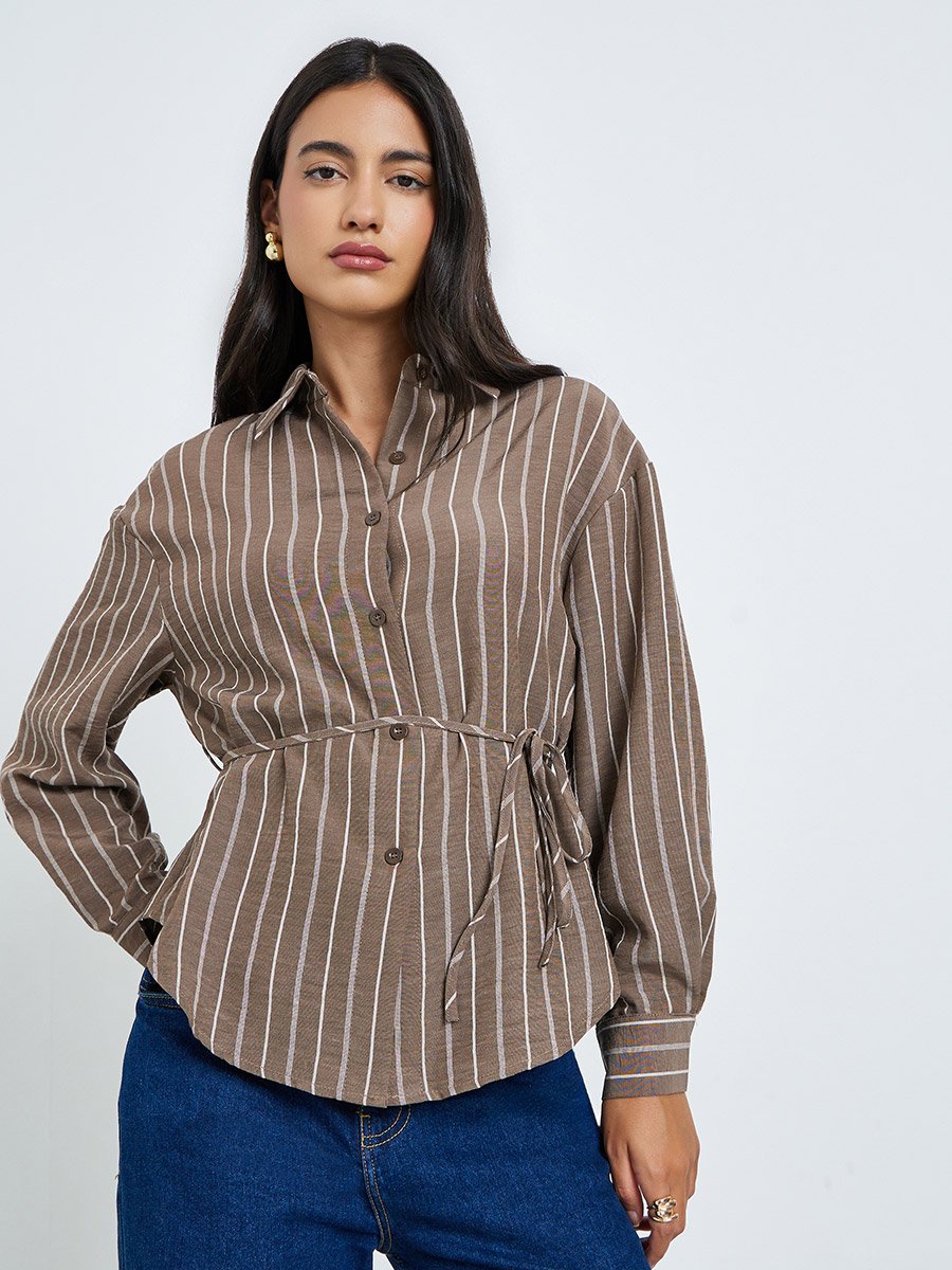 Brown Striped Long Sleeve Shirt with Tie Waist