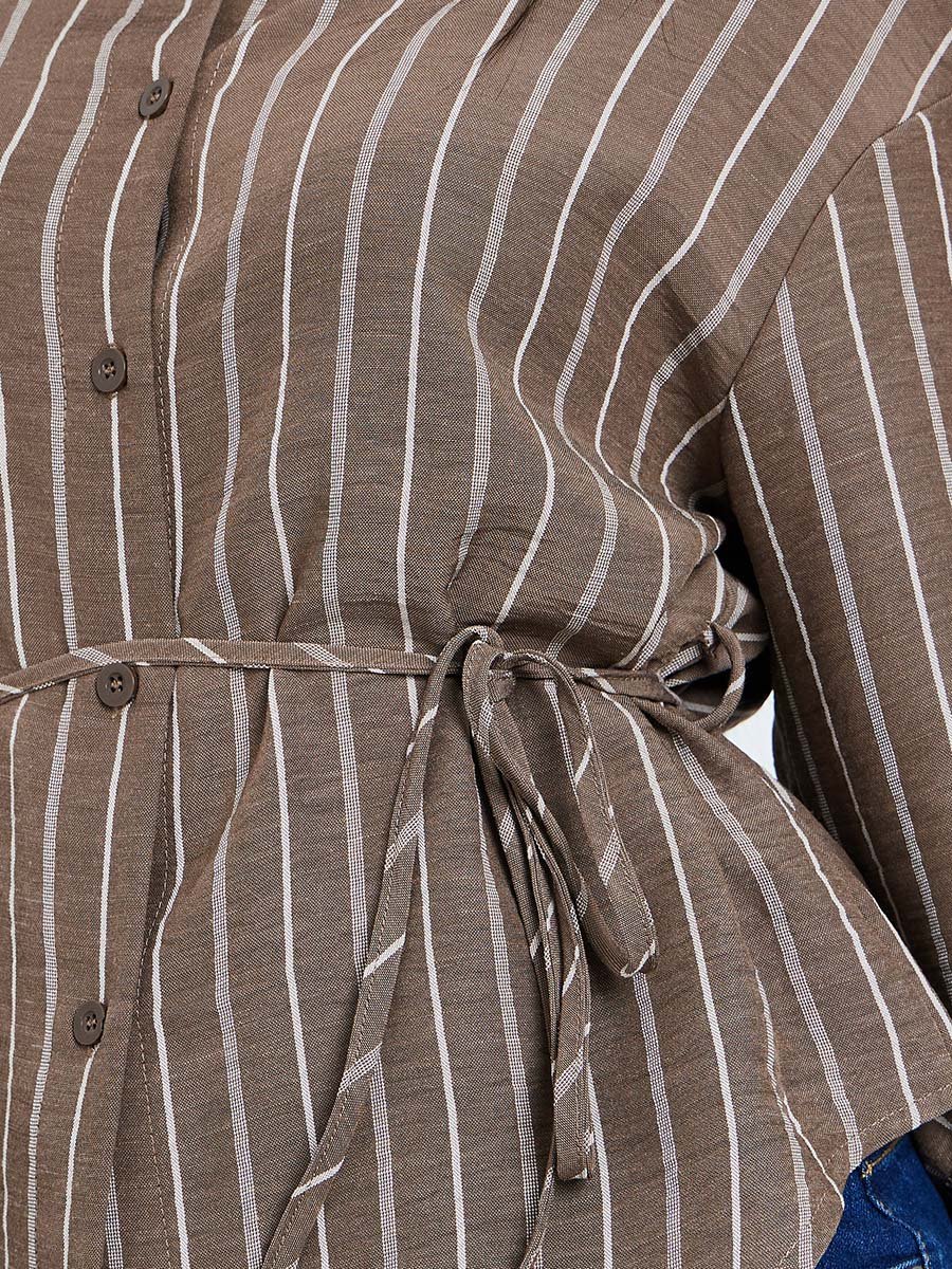 Brown Striped Long Sleeve Shirt with Tie Waist