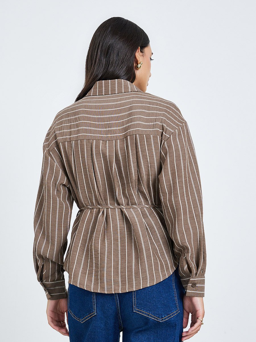 Brown Striped Long Sleeve Shirt with Tie Waist