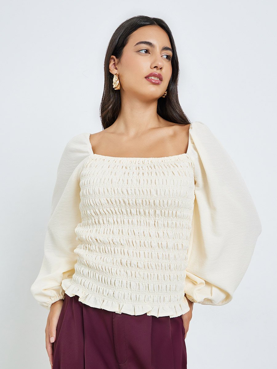 Off-White Smocked Detail Balloon Sleeve Blouse