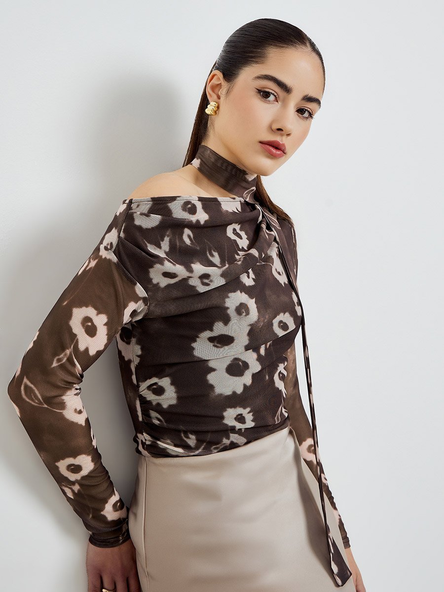 Brown Floral Print Mesh Blouse