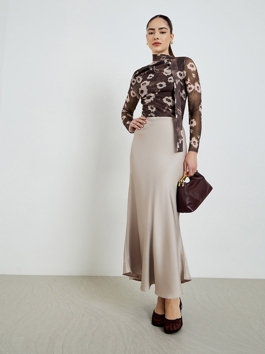 Brown Floral Print Mesh Blouse