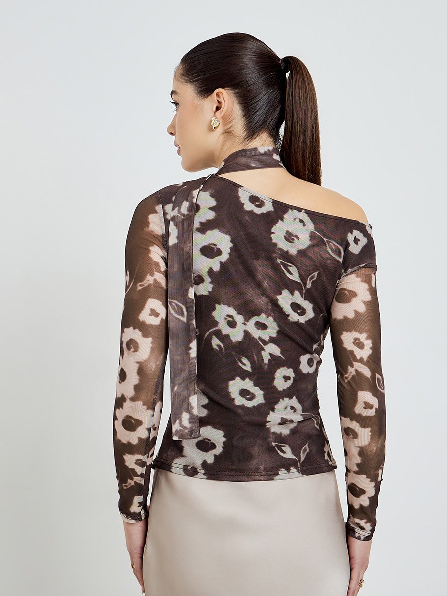 Brown Floral Print Mesh Blouse