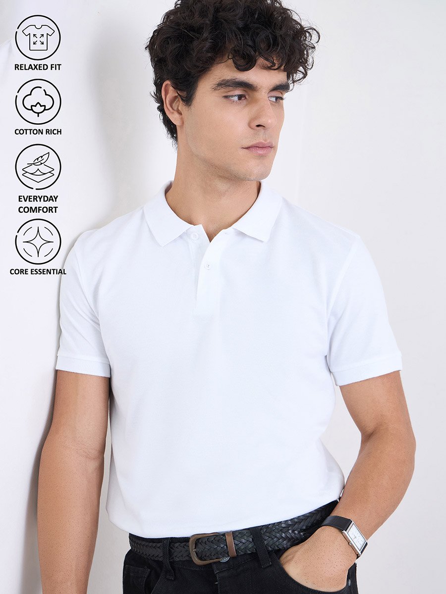 Men Regular Fit Solid Pique Polo with Ribbed Collar