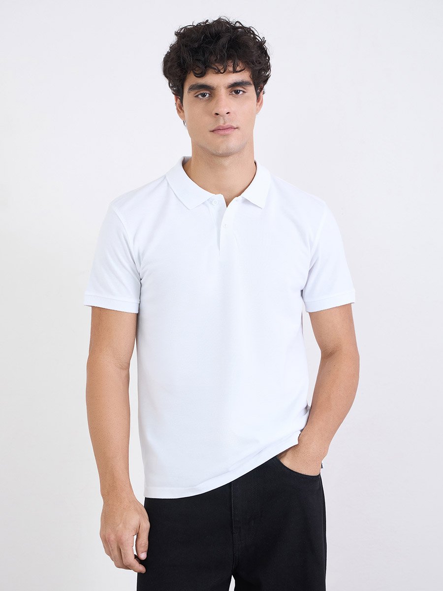 Men Regular Fit Solid Pique Polo with Ribbed Collar