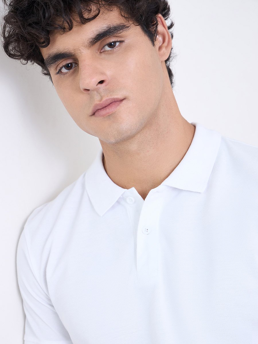 Men Regular Fit Solid Pique Polo with Ribbed Collar