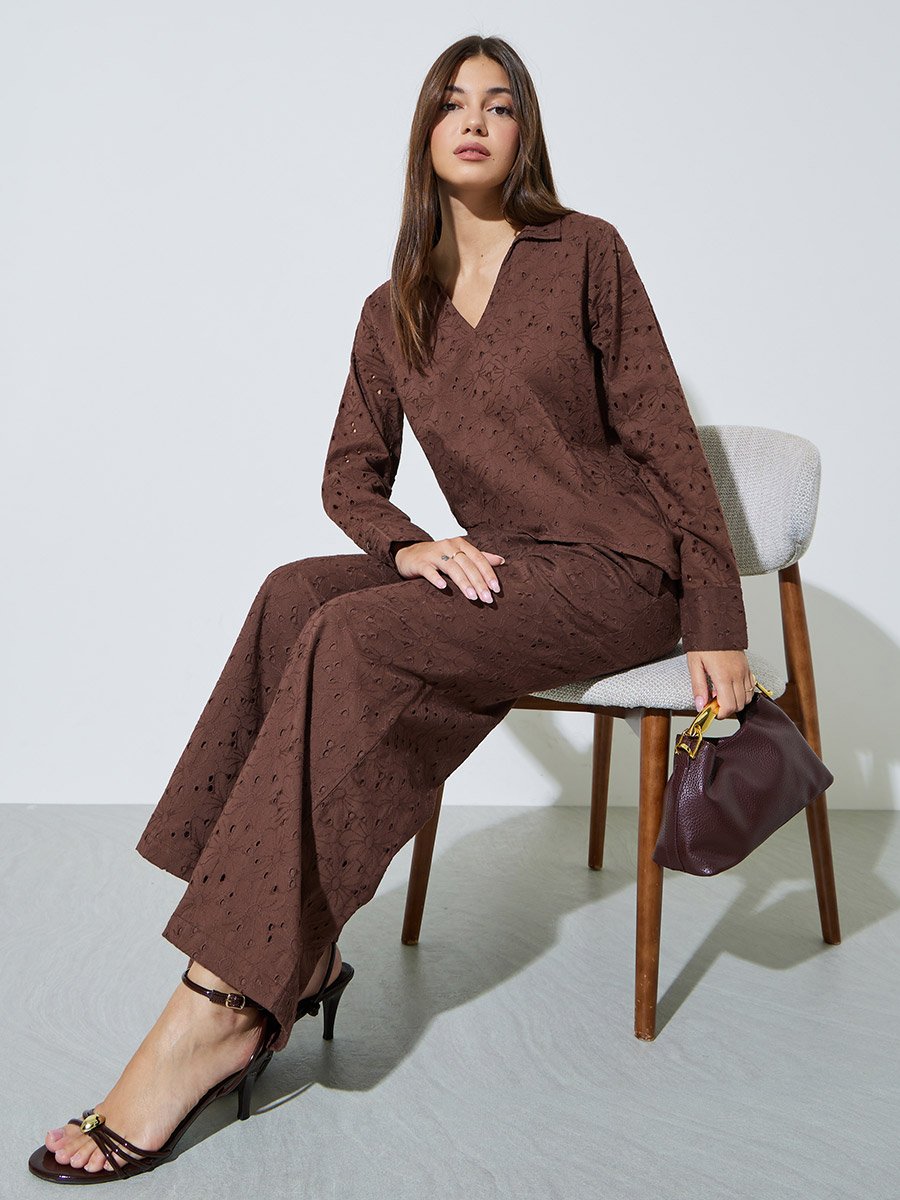 Brown Cotton Schiffli Top and Pants Set