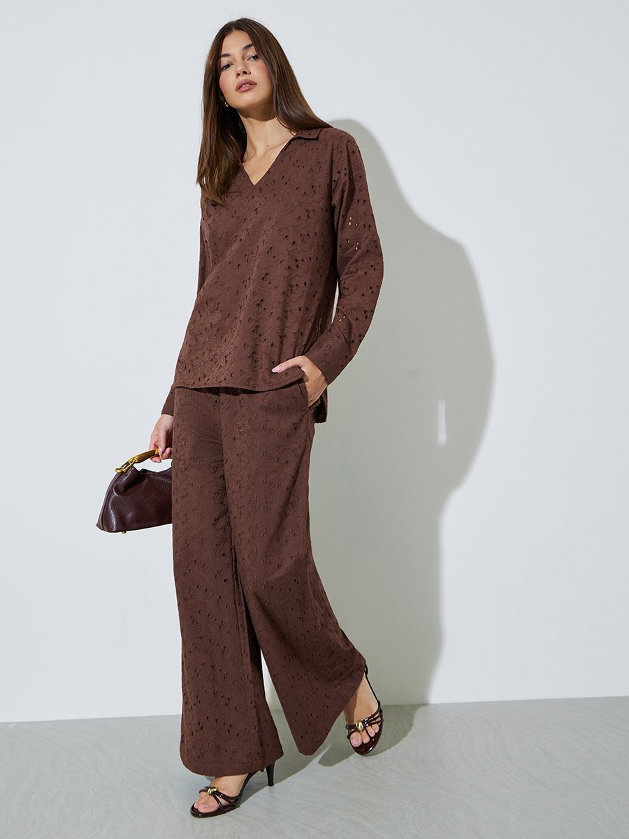 Brown Cotton Schiffli Top and Pants Set
