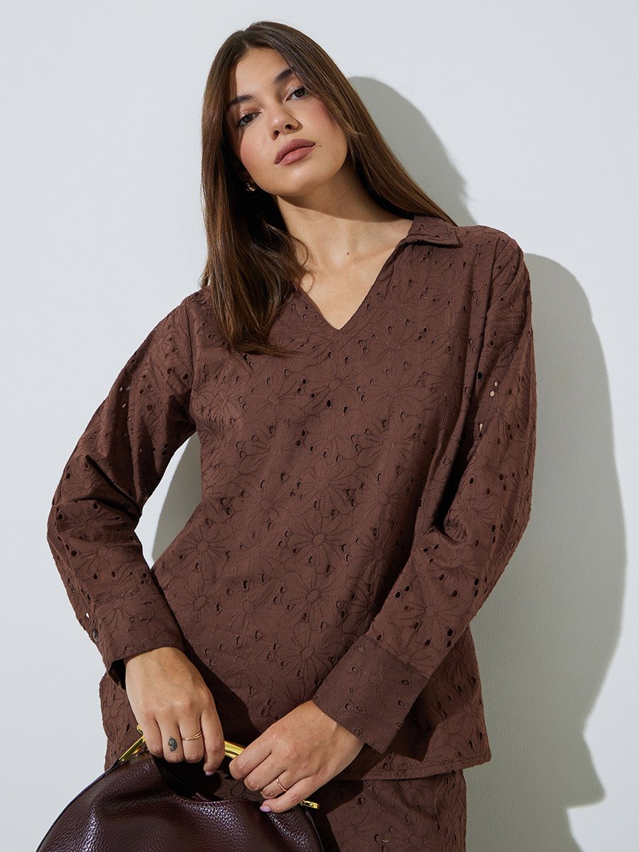 Brown Cotton Schiffli Top and Pants Set