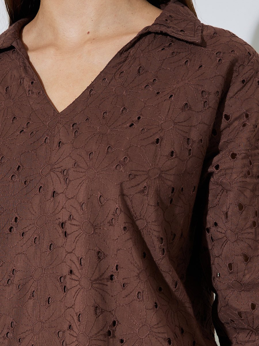 Brown Cotton Schiffli Top and Pants Set