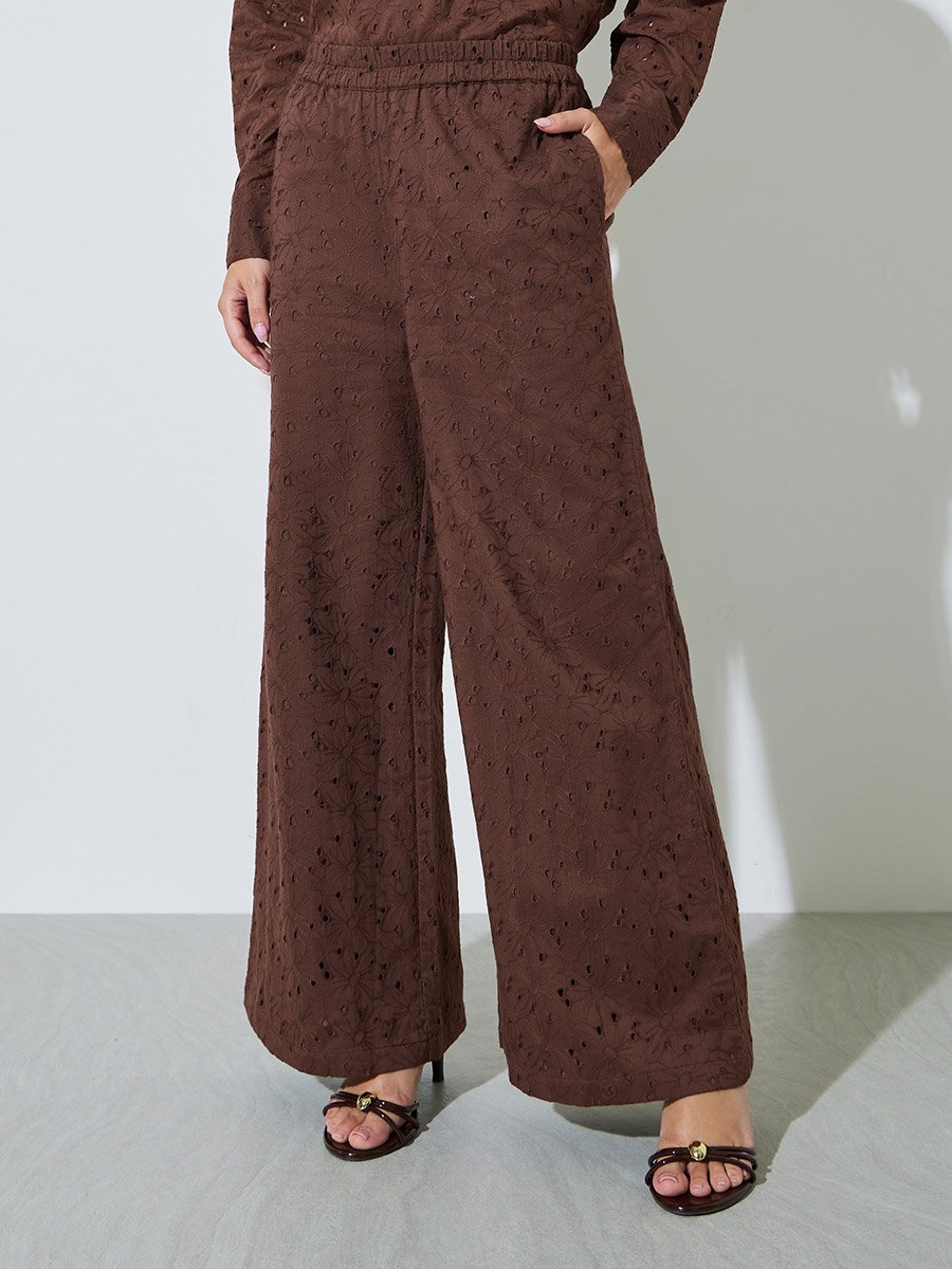 Brown Cotton Schiffli Top and Pants Set