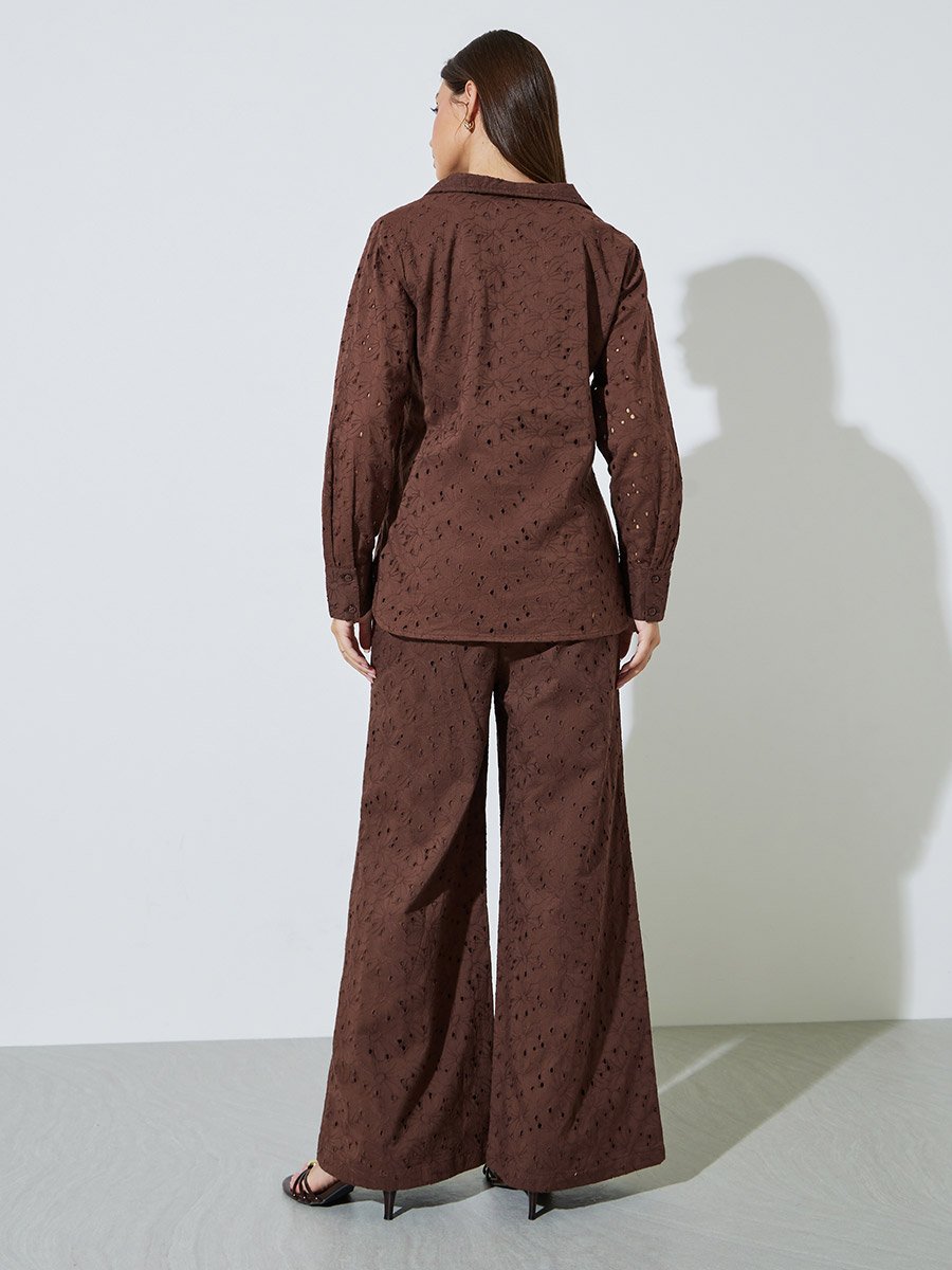 Brown Cotton Schiffli Top and Pants Set