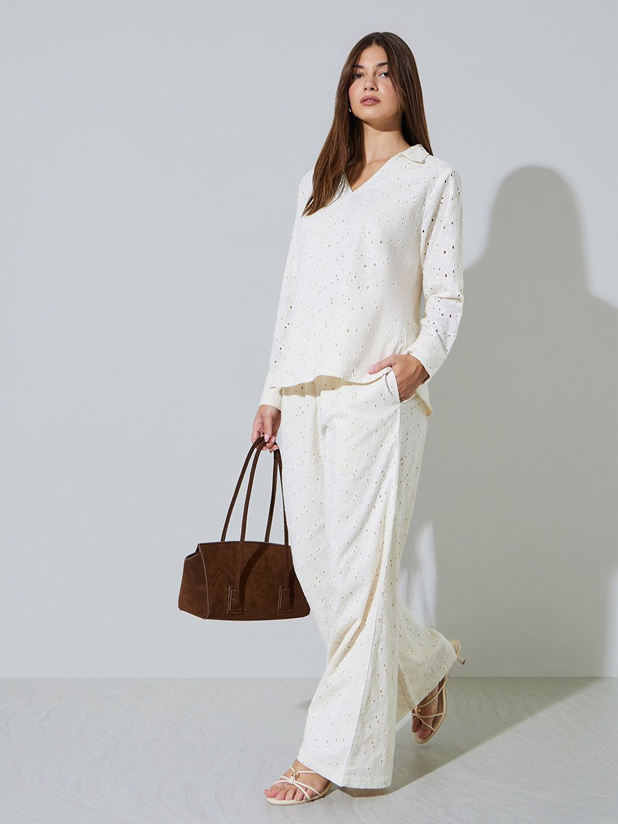 Off White Cotton Schiffli Top and Pants Set