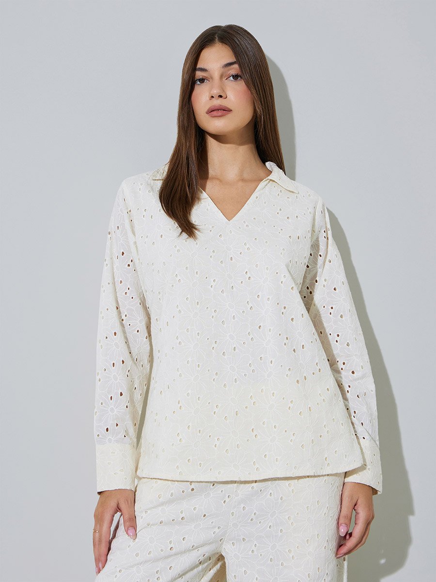 Off White Cotton Schiffli Top and Pants Set