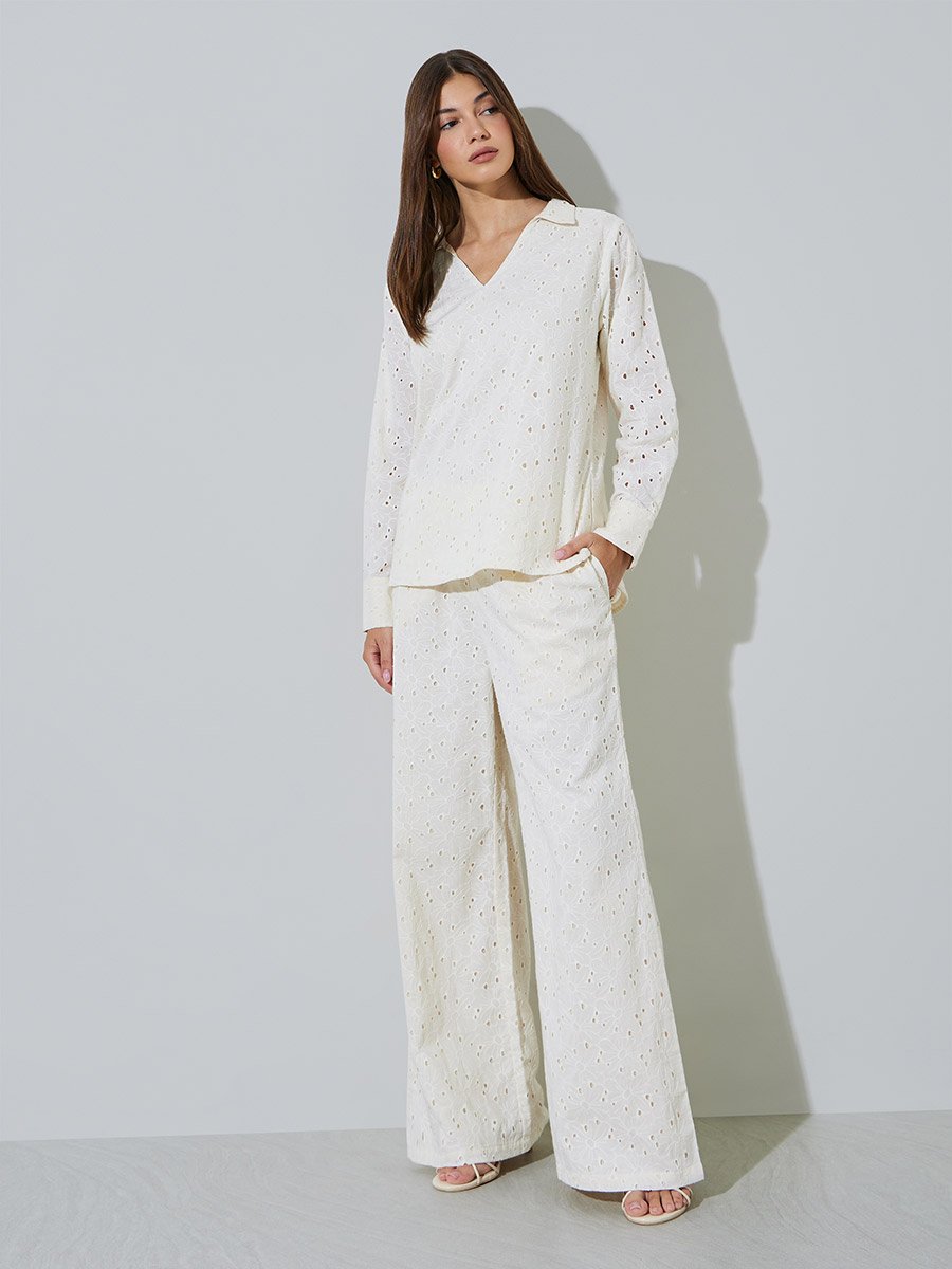 Off White Cotton Schiffli Top and Pants Set