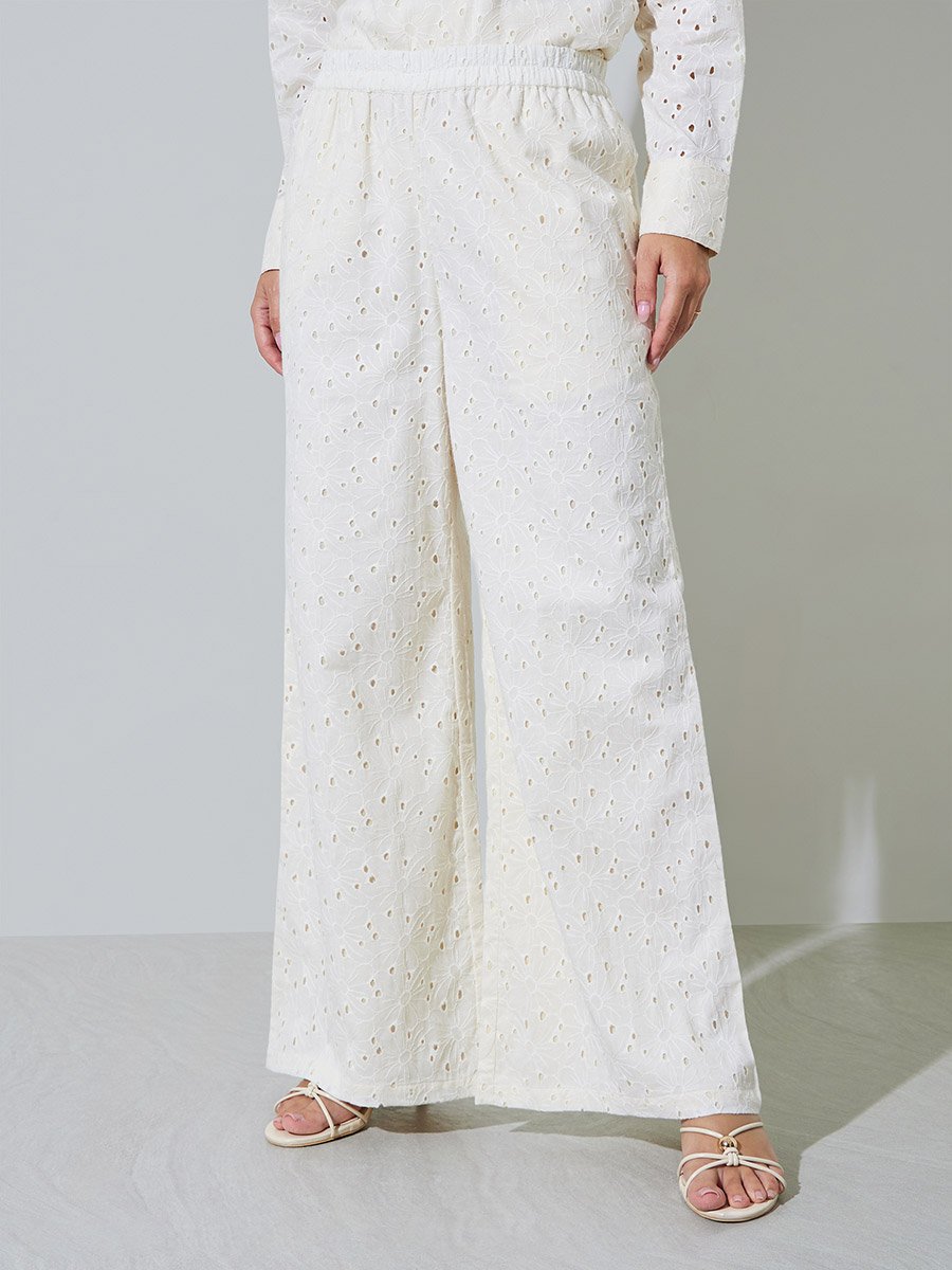 Off White Cotton Schiffli Top and Pants Set