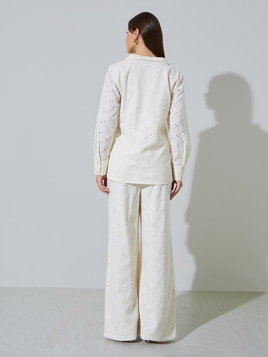 Off White Cotton Schiffli Top and Pants Set