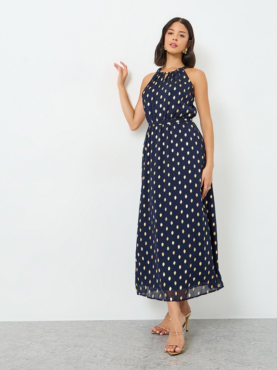 Navy Blue Foil Print Maxi Dress with Tie-Belt