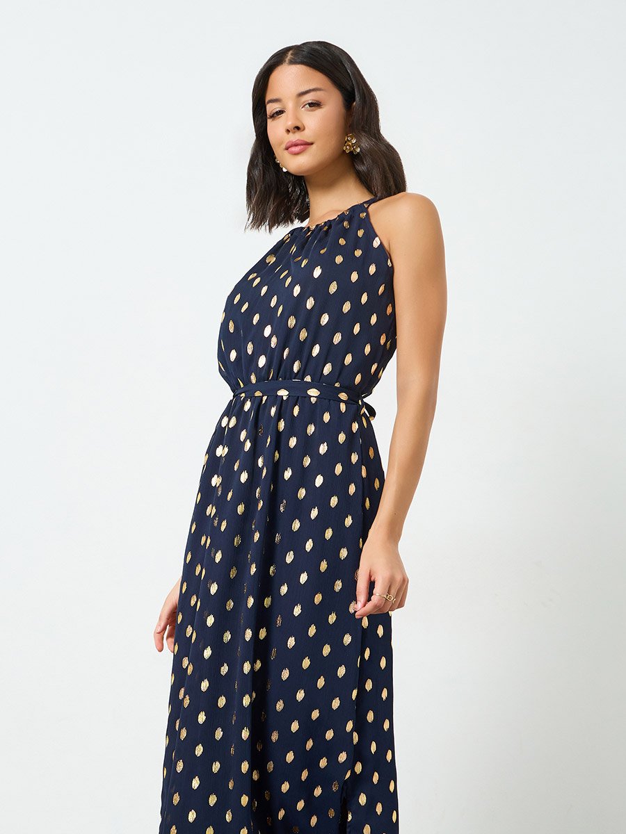 Navy Blue Foil Print Maxi Dress with Tie-Belt