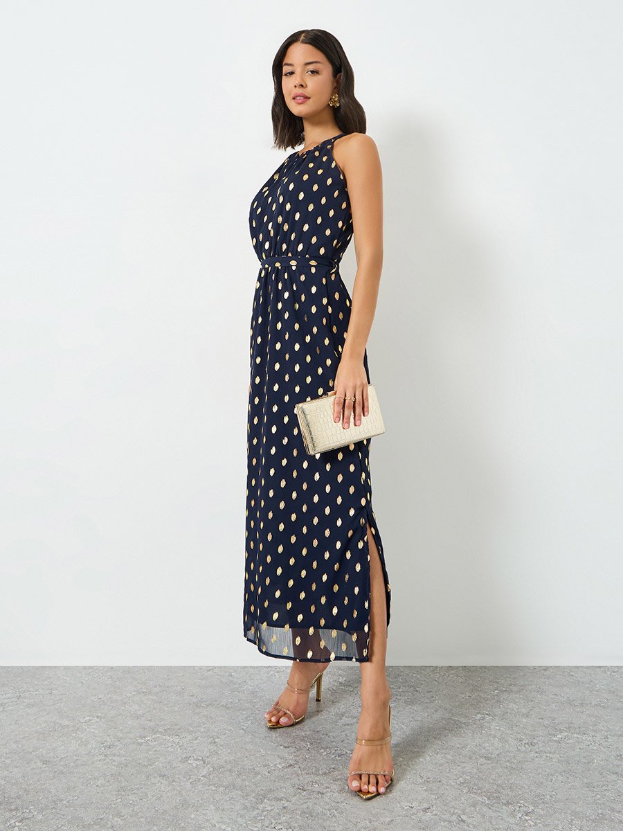 Navy Blue Foil Print Maxi Dress with Tie-Belt