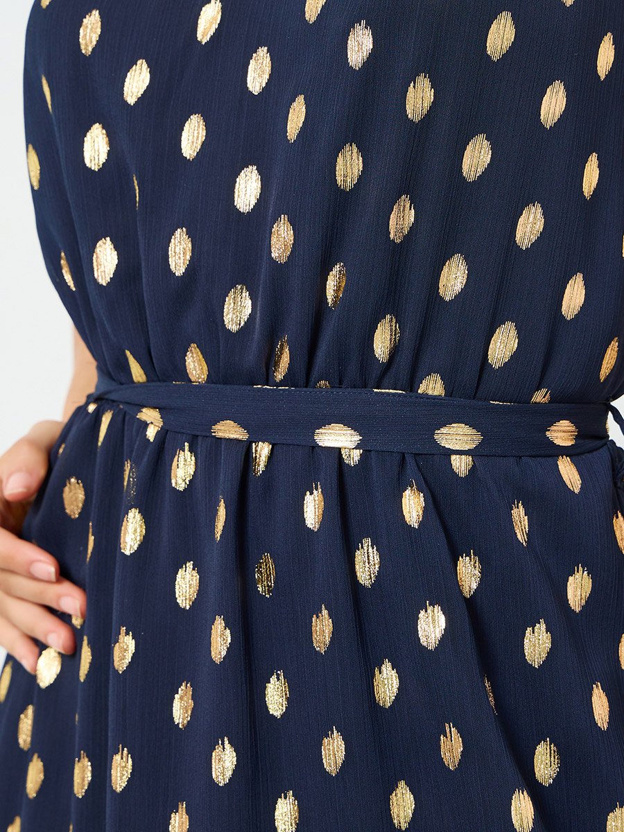 Navy Blue Foil Print Maxi Dress with Tie-Belt