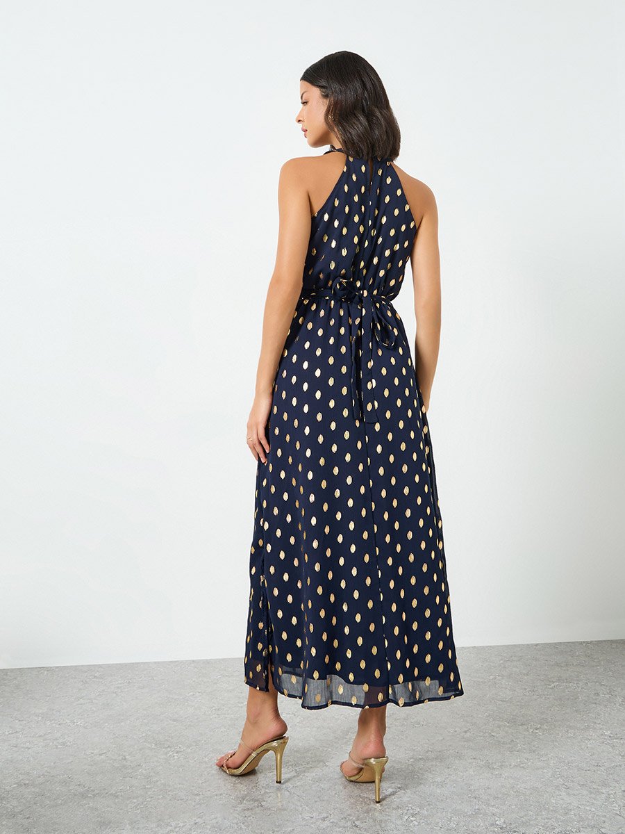 Navy Blue Foil Print Maxi Dress with Tie-Belt