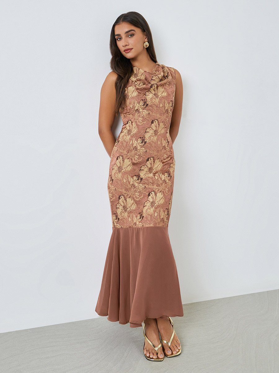 Brown Floral Jacquard Cowl Neck Maxi Dress