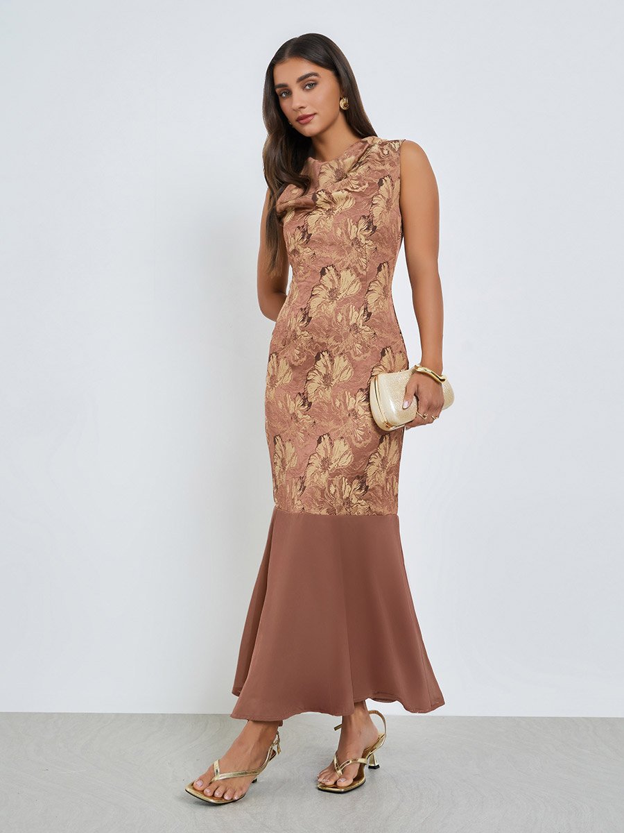 Brown Floral Jacquard Cowl Neck Maxi Dress