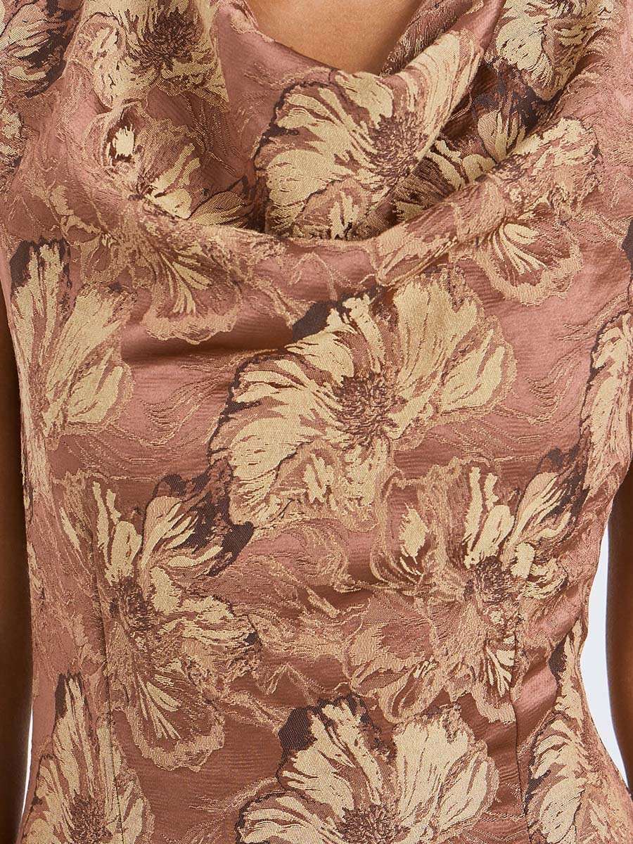 Brown Floral Jacquard Cowl Neck Maxi Dress