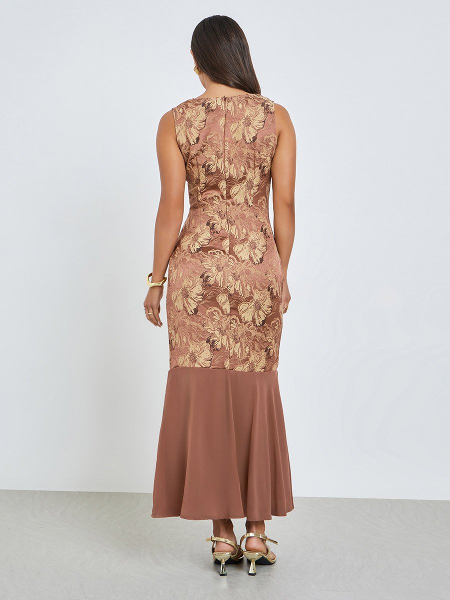 Brown Floral Jacquard Cowl Neck Maxi Dress