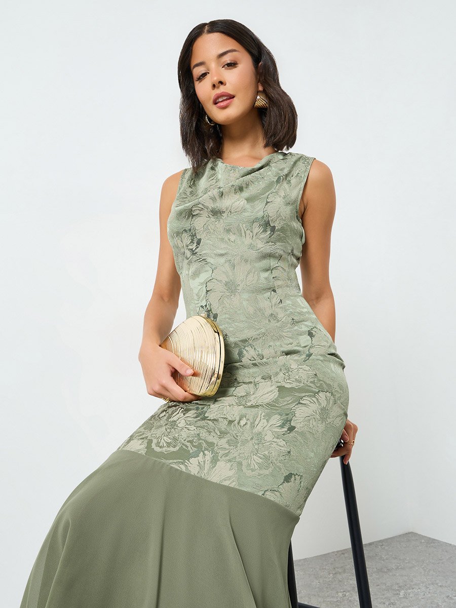 Green Floral Jacquard Cowl Neck Maxi Dress