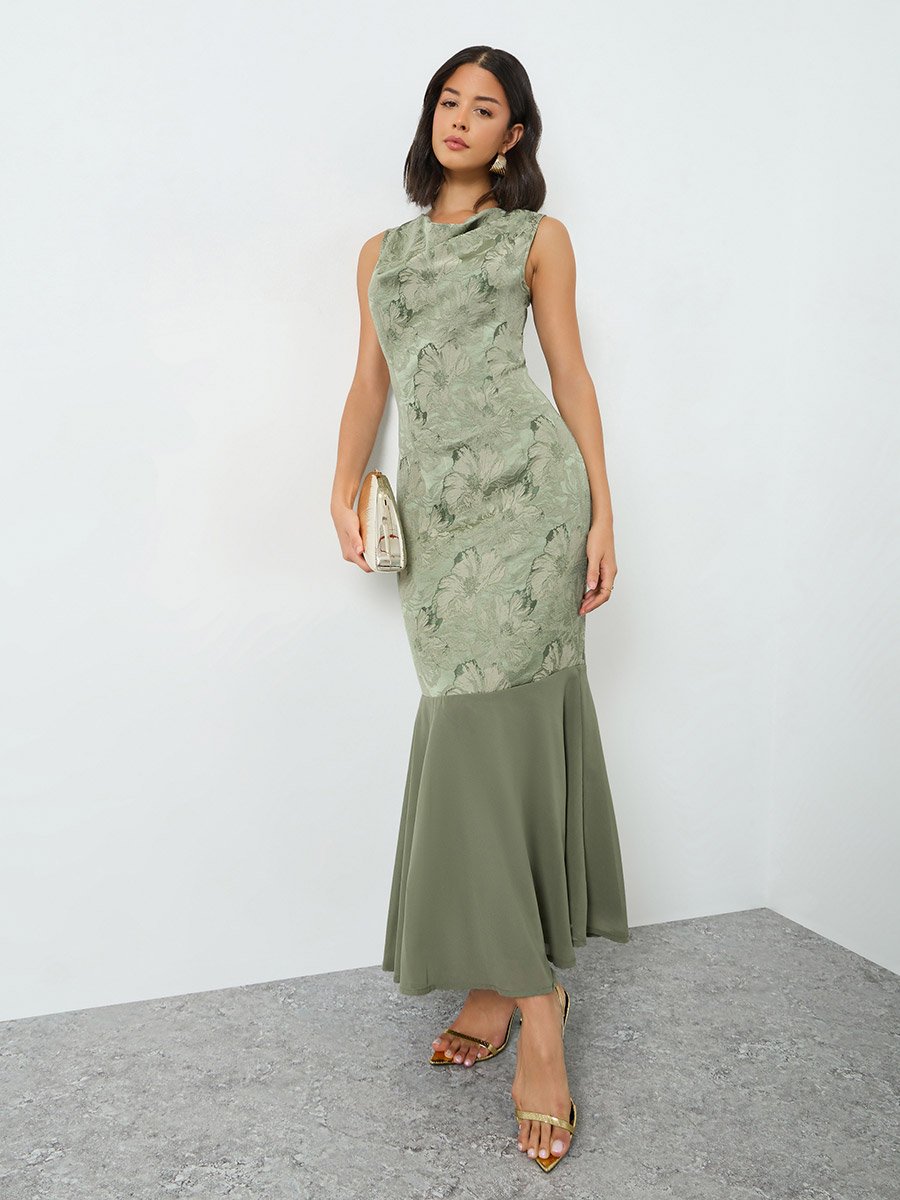 Green Floral Jacquard Cowl Neck Maxi Dress